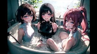 Smutty Japanese cuties wallowing in cum-filled tubs, AI-crafted perversion paradise