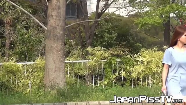 Asian nymphs pee outdoor in lingerie