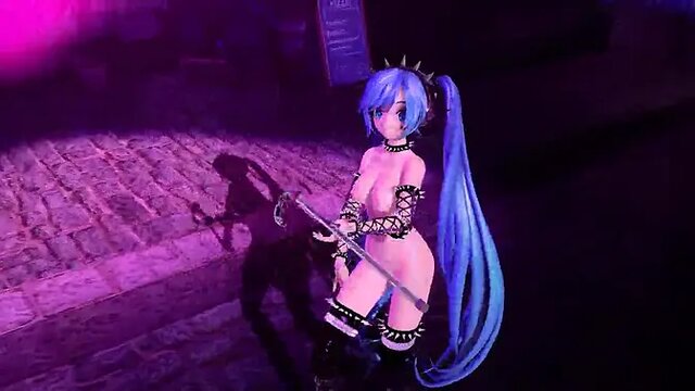 Japanese idol Hatsune Miku strips down in her punk costume, flaunting her big as pussy