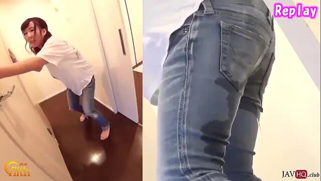 Desperate Japanese hottie pees in jeans caught on spycam